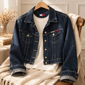 Tommy Jeans Cropped Denim Jacket Dark Wash • Flag Logo • Y2K Style • Size L